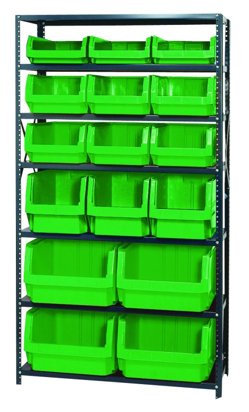 MSU-16-MIX_GN.jpg This Quantum Magnum Bin Steel Shelving, measuring 42W x 18D x 75H, features seven shelves with four QMS543 bins, three QMS533 bins, six bright green QMS532 bins, and three QMS531 bins. Each open-front bin ensures easy access while enhancing an organized and industrial look. Made in the USA.