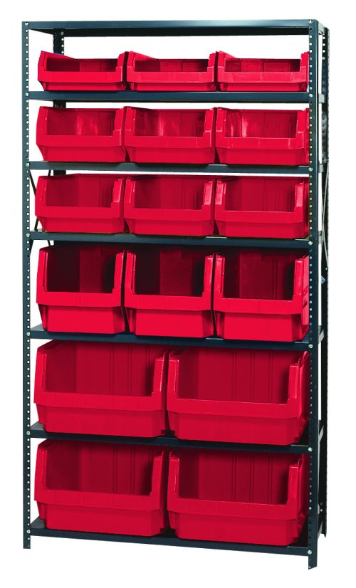 The Quantum Magnum Bin Steel Shelving unit, 42W x 18D x 75H, features 7 shelves and includes a total of 16 red bins: 4 large (Qms543), and smaller (Qms533, Qms532, Qms531), all open-front for easy access. Corrosion and rust resistant, made in USA.