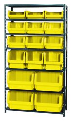 The Quantum Magnum Bin Steel Shelving unit, 42W x 18D x 75H, has seven shelves with a variety of large yellow bins: (6) QMS532 bins for organizing tools or materials, along with (4) QMS543, (3) QMS533, and (3) QMS531 bins. The bins are uniformly arranged across the shelves.