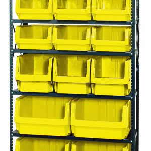 The Quantum Magnum Bin Steel Shelving unit, 42W x 18D x 75H, has seven shelves with a variety of large yellow bins: (6) QMS532 bins for organizing tools or materials, along with (4) QMS543, (3) QMS533, and (3) QMS531 bins. The bins are uniformly arranged across the shelves.
