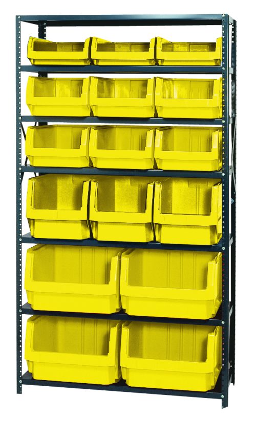 The Quantum Magnum Bin Steel Shelving unit, 42W x 18D x 75H, has seven shelves with a variety of large yellow bins: (6) QMS532 bins for organizing tools or materials, along with (4) QMS543, (3) QMS533, and (3) QMS531 bins. The bins are uniformly arranged across the shelves.