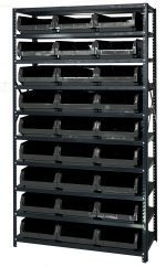 The Quantum Magnum Bin Steel Shelving measures 42W x 18D x 75H and features ten shelves with 27 black bins (19-3/4L x 12-3/8W x 5-7/8H). Its corrosion and rust resistant, made in the USA, and set against a plain white background.