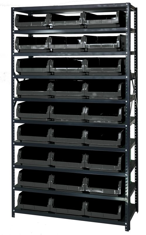 MSU-531_BK.jpg The Quantum Magnum Bin Steel Shelving measures 42W x 18D x 75H and features ten shelves with 27 black bins (19-3/4L x 12-3/8W x 5-7/8H). Its corrosion and rust resistant, made in the USA, and set against a plain white background.