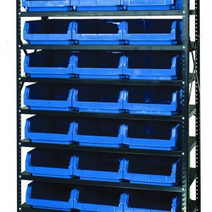 The Quantum Magnum Bin Steel Shelving, made in the USA, measures 42W x 18D x 75H and includes (10) shelves and (27) blue QMS531 bins (19-3/4L x 12-3/8W x 5-7/8H). Its corrosion and rust-resistant, ideal for organizing various items.