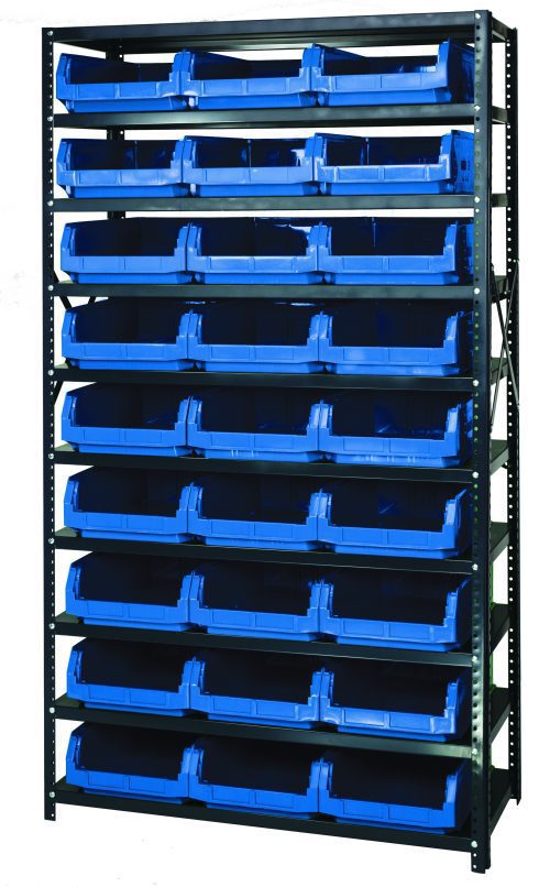 The Quantum Magnum Bin Steel Shelving, made in the USA, measures 42W x 18D x 75H and includes (10) shelves and (27) blue QMS531 bins (19-3/4L x 12-3/8W x 5-7/8H). Its corrosion and rust-resistant, ideal for organizing various items.