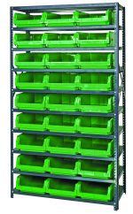 The Quantum Magnum Bin Steel Shelving measures 42W x 18D x 75H, includes 10 shelves and 27 QMS531 green bins (19-3/4L x 12-3/8W x 5-7/8H), is corrosion and rust-resistant, and is made in the USA.