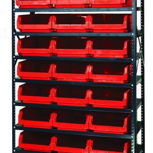 The Quantum Magnum Bin Steel Shelving features a 42W x 18D x 75H sturdy black frame with ten shelves and 27 red bins (QMS531), each measuring 19-3/4L x 12-3/8W x 5-7/8H, for organized storage. It is corrosion and rust-resistant, proudly made in the USA.