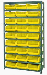 The Quantum Magnum Bin Steel Shelving, 42W x 18D x 75H, includes 10 shelves and 27 bright yellow bins (19-3/4L x 12-3/8W x 5-7/8H) neatly stacked on a corrosion and rust-resistant metal unit made in the USA against a plain white background.