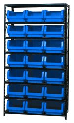 The Quantum Magnum Bin Steel Shelving unit is a 42W x 18D x 75H black metal structure with eight shelves, featuring 21 blue QMS532 bins (19-3/4L x 12-3/8W x 7-7/8H) open at the front, corrosion and rust resistant, ensuring organized storage. Made in the USA.
