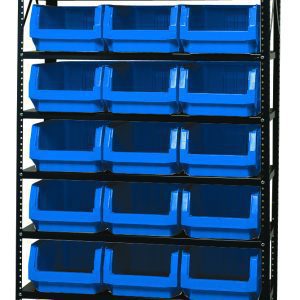 The Quantum Magnum Bin Steel Shelving unit is a 42W x 18D x 75H black metal structure with eight shelves, featuring 21 blue QMS532 bins (19-3/4L x 12-3/8W x 7-7/8H) open at the front, corrosion and rust resistant, ensuring organized storage. Made in the USA.