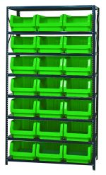 The Quantum Magnum Bin Steel Shelving, measuring 42W x 18D x 75H, includes eight shelves and twenty-one QMS532 green bins (19-3/4L x 12-3/8W x 7-7/8H). It is corrosion and rust-resistant, providing an excellent solution for organizing small items. Made in the USA.