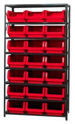 The Quantum Magnum Bin Steel Shelving unit, 42W x 18D x 75H, includes eight shelves and twenty-one rust-resistant red bins measuring 19-3/4L x 12-3/8W x 7-7/8H. Made in the USA, it offers an organized storage solution with easy access to open-top bins.