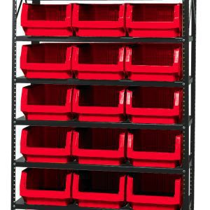 The Quantum Magnum Bin Steel Shelving unit, 42W x 18D x 75H, includes eight shelves and twenty-one rust-resistant red bins measuring 19-3/4L x 12-3/8W x 7-7/8H. Made in the USA, it offers an organized storage solution with easy access to open-top bins.
