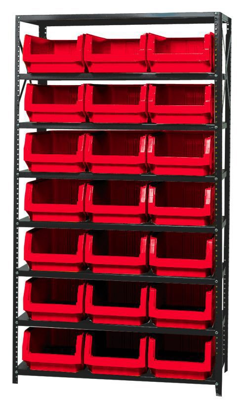 The Quantum Magnum Bin Steel Shelving unit, 42W x 18D x 75H, includes eight shelves and twenty-one rust-resistant red bins measuring 19-3/4L x 12-3/8W x 7-7/8H. Made in the USA, it offers an organized storage solution with easy access to open-top bins.