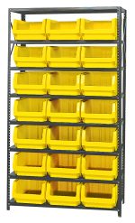 The Quantum Magnum Bin Steel Shelving measures 42W x 18D x 75H and includes eight shelves with 21 yellow bins (19-3/4L x 12-3/8W x 7-7/8H, QMS532). Its corrosion and rust-resistant design ensures durability, while open fronts allow easy access. Made in the USA.