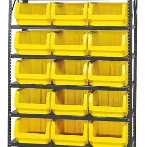 The Quantum Magnum Bin Steel Shelving measures 42W x 18D x 75H and includes eight shelves with 21 yellow bins (19-3/4L x 12-3/8W x 7-7/8H, QMS532). Its corrosion and rust-resistant design ensures durability, while open fronts allow easy access. Made in the USA.