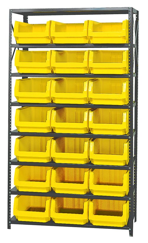 The Quantum Magnum Bin Steel Shelving measures 42W x 18D x 75H and includes eight shelves with 21 yellow bins (19-3/4L x 12-3/8W x 7-7/8H, QMS532). Its corrosion and rust-resistant design ensures durability, while open fronts allow easy access. Made in the USA.