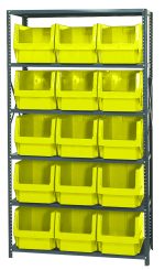 The Quantum Magnum Bin Steel Shelving measures 42W x 18D x 75H, includes six shelves, and comes with fifteen 19-3/4L x 12-3/8W x 11-7/8H (QMS533) yellow bins. Its corrosion and rust-resistant, made in the USA, ensuring organized and accessible storage.