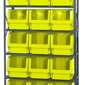 The Quantum Magnum Bin Steel Shelving measures 42W x 18D x 75H, includes six shelves, and comes with fifteen 19-3/4L x 12-3/8W x 11-7/8H (QMS533) yellow bins. Its corrosion and rust-resistant, made in the USA, ensuring organized and accessible storage.