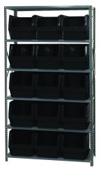 The Quantum Magnum Bin Steel Shelving, 42W x 18D x 75H, includes six shelves and fifteen black bins (19-3/4L x 12-3/8W x 11-7/8H) for organized storage. This corrosion and rust-resistant unit is made in the USA, ensuring durability and neat arrangement of uniformly sized bins.