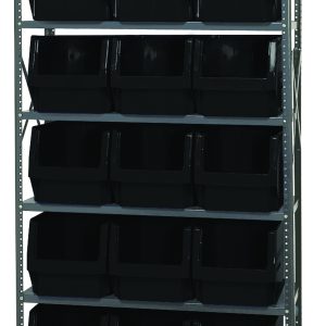 The Quantum Magnum Bin Steel Shelving, 42W x 18D x 75H, includes six shelves and fifteen black bins (19-3/4L x 12-3/8W x 11-7/8H) for organized storage. This corrosion and rust-resistant unit is made in the USA, ensuring durability and neat arrangement of uniformly sized bins.