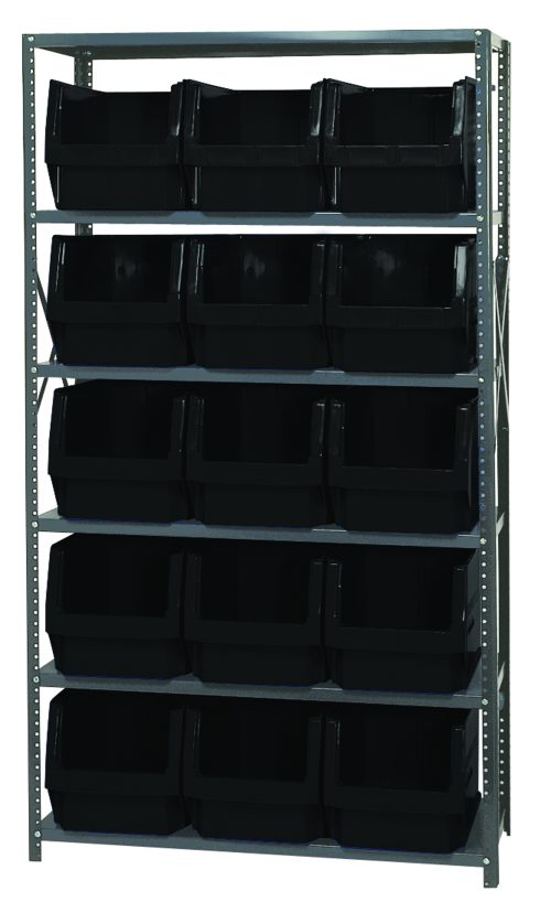 MSU-533_BK.jpg The Quantum Magnum Bin Steel Shelving, 42W x 18D x 75H, includes six shelves and fifteen black bins (19-3/4L x 12-3/8W x 11-7/8H) for organized storage. This corrosion and rust-resistant unit is made in the USA, ensuring durability and neat arrangement of uniformly sized bins.