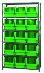 The Quantum Magnum Bin Steel Shelving, measuring 42W x 18D x 75H, features six corrosion-resistant shelves with fifteen bright green 19-3/4L x 12-3/8W x 11-7/8H bins (QMS533). The open-front design offers easy access, perfect for organized storage. Made in the USA.
