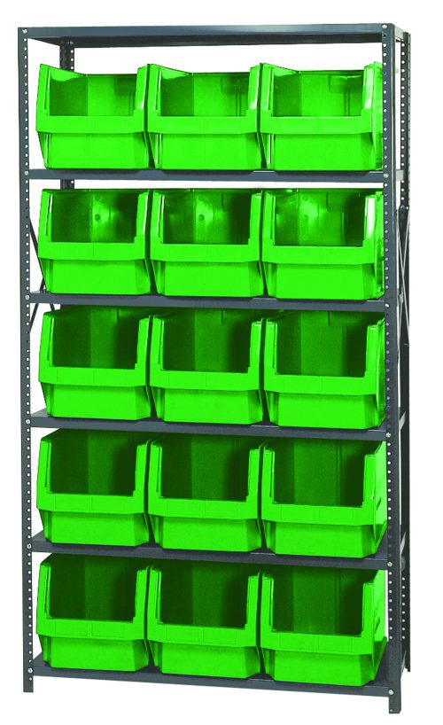 MSU-533_GN.jpg The Quantum Magnum Bin Steel Shelving, measuring 42W x 18D x 75H, features six corrosion-resistant shelves with fifteen bright green 19-3/4L x 12-3/8W x 11-7/8H bins (QMS533). The open-front design offers easy access, perfect for organized storage. Made in the USA.