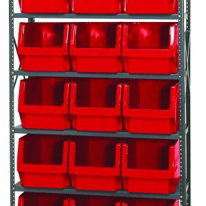 The Quantum Magnum Bin Steel Shelving, made in the USA, measures 42W x 18D x 75H and includes six shelves and fifteen red bins (19-3/4L x 12-3/8W x 11-7/8H). It is corrosion and rust-resistant, offering easy access and organization.