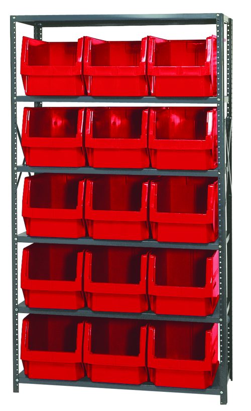 The Quantum Magnum Bin Steel Shelving, made in the USA, measures 42W x 18D x 75H and includes six shelves and fifteen red bins (19-3/4L x 12-3/8W x 11-7/8H). It is corrosion and rust-resistant, offering easy access and organization.