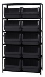 The Quantum Magnum Bin Steel Shelving measures 42W x 18D x 75H, featuring six corrosion and rust-resistant shelves made in the USA. It includes ten black bins (19-3/4L x 18-3/8W x 11-7/8H) offering excellent durability and easy access to stored items.