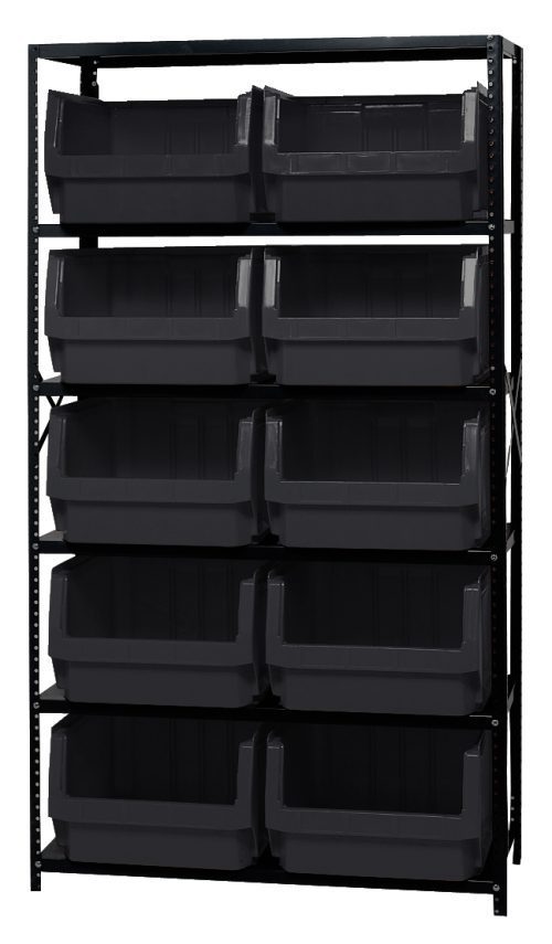 The Quantum Magnum Bin Steel Shelving measures 42W x 18D x 75H, featuring six corrosion and rust-resistant shelves made in the USA. It includes ten black bins (19-3/4L x 18-3/8W x 11-7/8H) offering excellent durability and easy access to stored items.