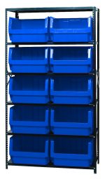 The Quantum Magnum Bin Steel Shelving unit (42W x 18D x 75H) includes six corrosion-resistant shelves and ten blue QMS543 bins (19-3/4L x 18-3/8W x 11-7/8H). This USA-made unit is ideal for organizing and storing in industrial or warehouse settings.