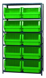 The Quantum Magnum Bin Steel Shelving unit is 42W x 18D x 75H and includes six shelves with ten open-topped green bins, each measuring 19-3/4L x 18-3/8W x 11-7/8H. Its corrosion and rust-resistant, and proudly made in the USA for durability.