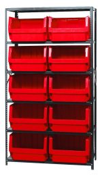 Introducing the Quantum Magnum Bin Steel Shelving: a freestanding black metal unit, 42W x 18D x 75H, featuring six shelves and ten large QMS543 red bins. Its corrosion and rust resistant with front openings for easy access. Proudly made in the USA.