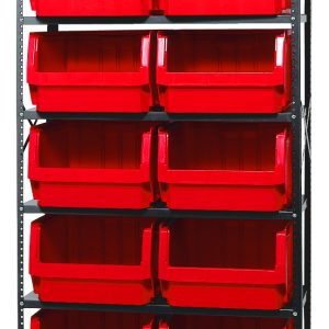 Introducing the Quantum Magnum Bin Steel Shelving: a freestanding black metal unit, 42W x 18D x 75H, featuring six shelves and ten large QMS543 red bins. Its corrosion and rust resistant with front openings for easy access. Proudly made in the USA.