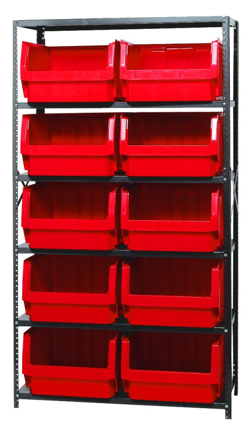 MSU-543_RD.jpg Introducing the Quantum Magnum Bin Steel Shelving: a freestanding black metal unit, 42W x 18D x 75H, featuring six shelves and ten large QMS543 red bins. Its corrosion and rust resistant with front openings for easy access. Proudly made in the USA.