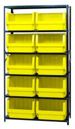 Presenting the Quantum Magnum Bin Steel Shelving: a sturdy 42W x 18D x 75H black frame unit with six shelves and ten vibrant yellow QMS543 bins. Each bin features an open top design for easy access. Corrosion and rust-resistant, this USA-made shelving keeps your space organized efficiently.