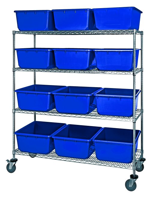MWR4-2419-9_BL.jpg A Quantum Bin System Unit, measuring 60W x 24D x 69H, includes four wire shelves with twelve uniform blue bins (24-1/2L x 19W x 9-1/2H) organized neatly. The mobile unit has four swivel casters, two with brakes for stability, and features a chrome plated finish.