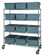 The Quantum Bin System Unit features a mobile metal shelving unit with four wire shelves, each holding three large gray plastic bins (12 total). It measures 60W x 24D x 69H and includes four 5 swivel casters, two of which have brakes, ensuring organized and secure storage.