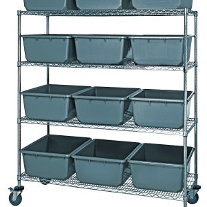 The Quantum Bin System Unit features a mobile metal shelving unit with four wire shelves, each holding three large gray plastic bins (12 total). It measures 60W x 24D x 69H and includes four 5 swivel casters, two of which have brakes, ensuring organized and secure storage.