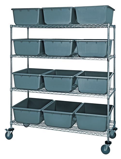The Quantum Bin System Unit features a mobile metal shelving unit with four wire shelves, each holding three large gray plastic bins (12 total). It measures 60W x 24D x 69H and includes four 5 swivel casters, two of which have brakes, ensuring organized and secure storage.