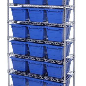 The Quantum Bin System Unit offers a metal structure with 60W x 18D x 69H dimensions, featuring seven wire shelves and twenty-four 17-1/4L x 11W x 8H blue bins (Tub1711-8). It includes four 5 swivel casters, two with brakes for stability, and has a chrome-plated finish. Shipped KD.