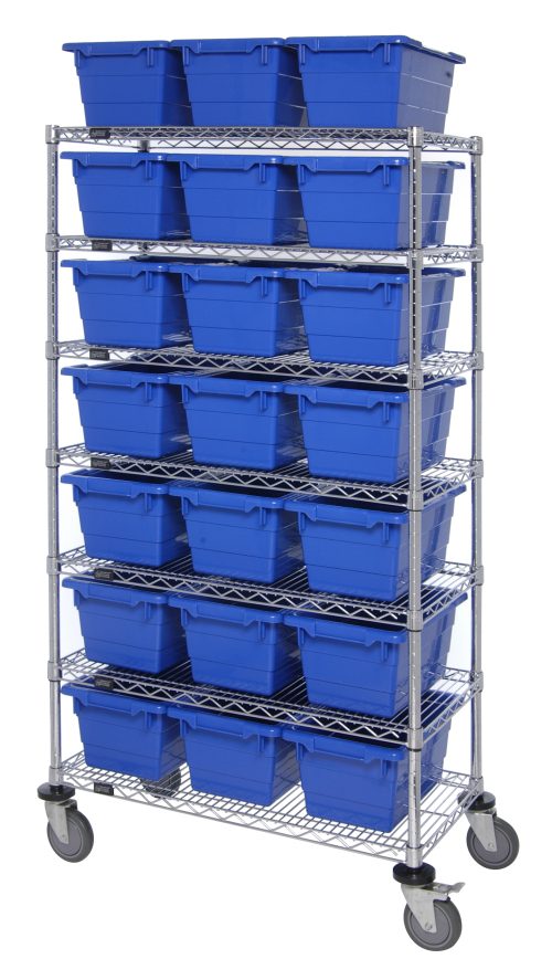 MWR7-1711-8_BL.jpg The Quantum Bin System Unit offers a metal structure with 60W x 18D x 69H dimensions, featuring seven wire shelves and twenty-four 17-1/4L x 11W x 8H blue bins (Tub1711-8). It includes four 5 swivel casters, two with brakes for stability, and has a chrome-plated finish. Shipped KD.