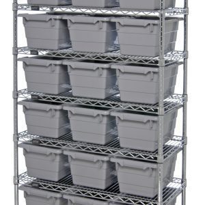The Quantum Bin System Unit is a mobile shelving unit, 60W x 18D x 69H, featuring seven wire shelves and 24 gray bins (17-1/4L x 11W x 8H), with four chrome-plated swivel casters (two with brakes), ensuring organized storage and easy mobility.