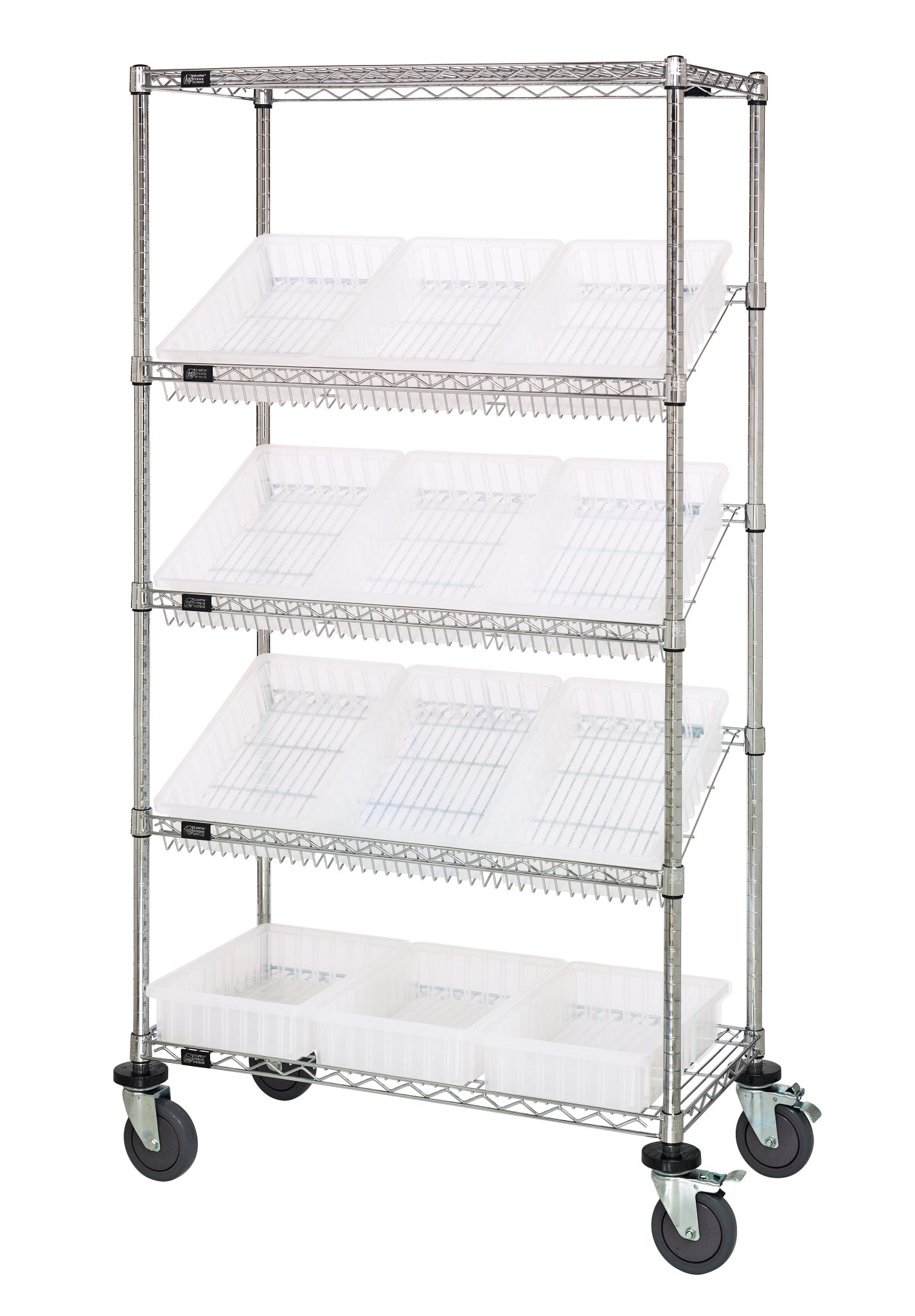 Mobile chrome wire shelving unit on casters loaded with clear dividable grid containers on five shelf levels