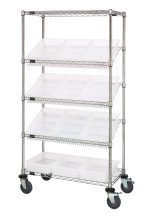 The Quantum Bin Systems Unit features a mobile design with 3 slanted and 2 flat wire shelves, supported by 4 posts. It includes 12 clear bins and 4 swivel casters (2 with brakes). The unit measures 36W x 18D x 63H, has a chrome finish, and offers efficient organization.