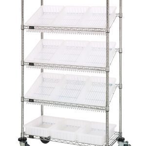 The Quantum Bin Systems Unit features a mobile design with 3 slanted and 2 flat wire shelves, supported by 4 posts. It includes 12 clear bins and 4 swivel casters (2 with brakes). The unit measures 36W x 18D x 63H, has a chrome finish, and offers efficient organization.