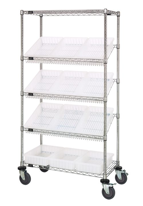 The Quantum Bin Systems Unit features a mobile design with 3 slanted and 2 flat wire shelves, supported by 4 posts. It includes 12 clear bins and 4 swivel casters (2 with brakes). The unit measures 36W x 18D x 63H, has a chrome finish, and offers efficient organization.