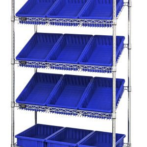 The Quantum Bin Systems Unit is a mobile shelving unit, measuring 36L x 18W x 69H, with two flat and three slanted wire shelves. It includes twelve blue bins and four 5 swivel casters for easy movement. With chrome plating, its ideal for dry storage and comes disassembled.